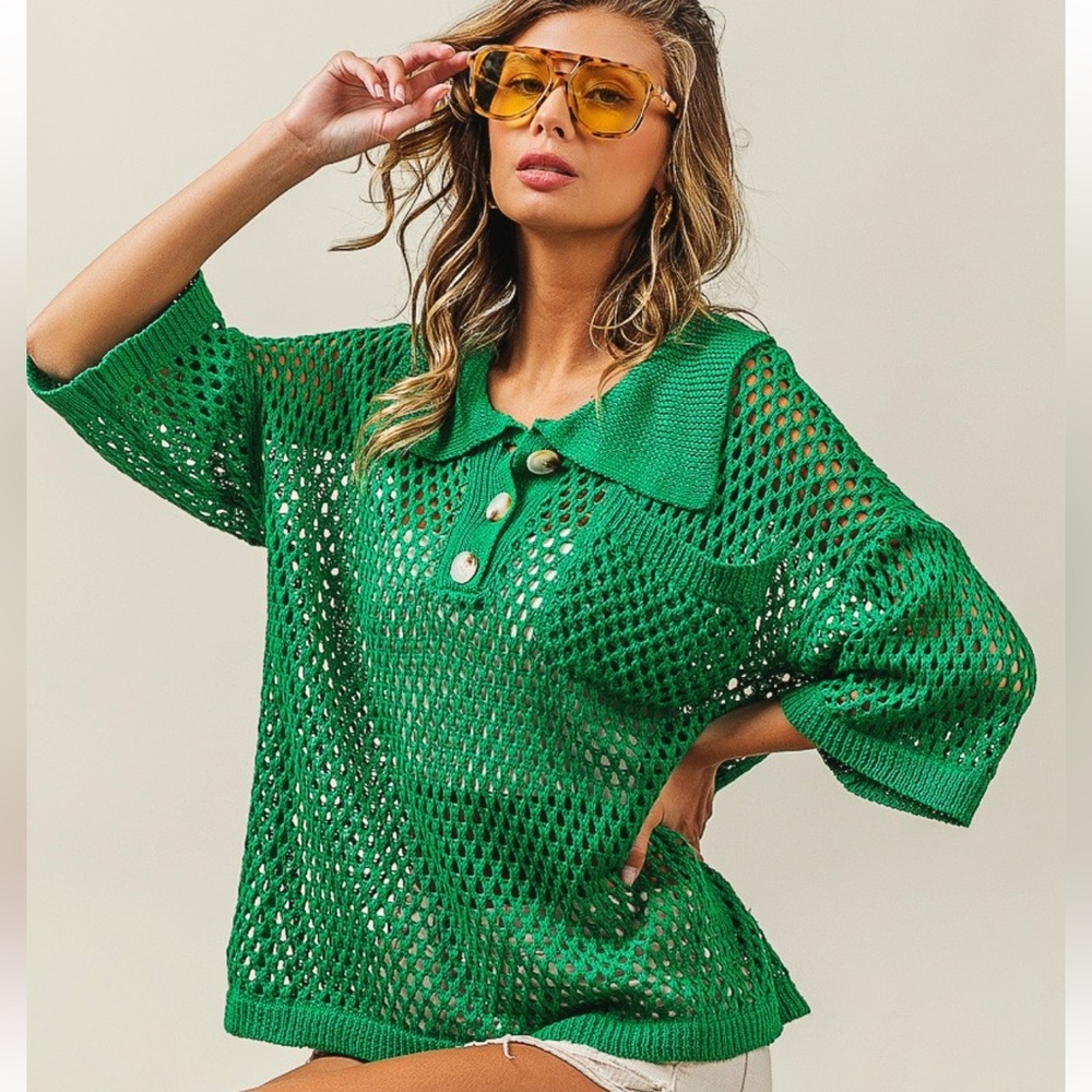 NEW CROCHET POLO STYLE OPEN KNIT COLLARED RELAXED COVERUP TOP